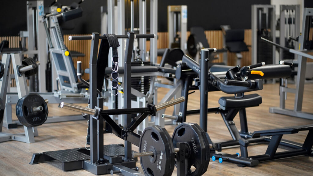 Leerer Fitnessraum mit modernen silbernen Geräten und Hantelscheiben auf Holzfußboden